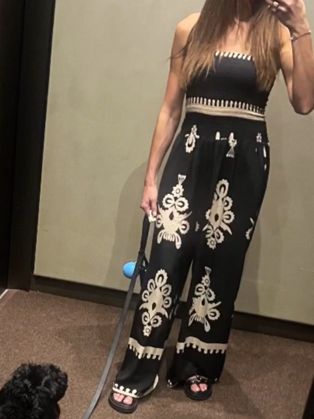 Black Strapless Maxi jumpsuit with Cream Folk Print